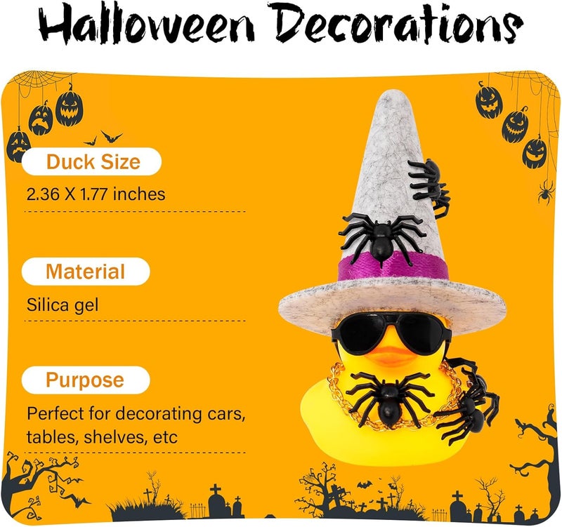 wonuu Spiders Rubber Ducks for Halloween, Car Dashboard Decorations Duck for Office Desk Ornament Accessories with Witch Hat Glasses Chain Spider (Gray) - Image 3